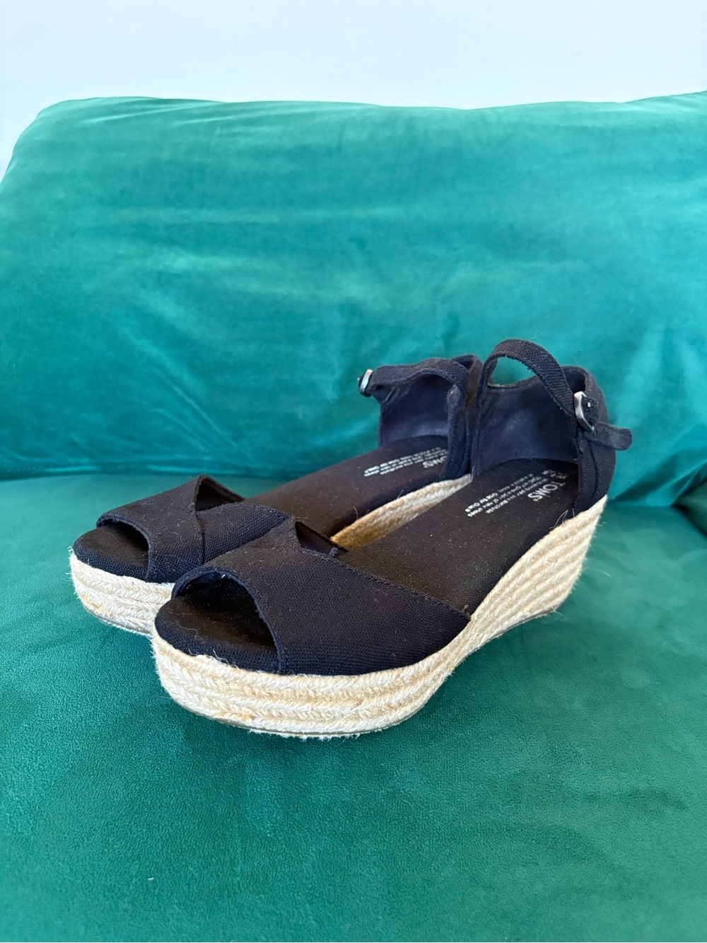 Toms Black Canvas Espadrille Wedge Sandals with Ankle Strap - Open Toe
